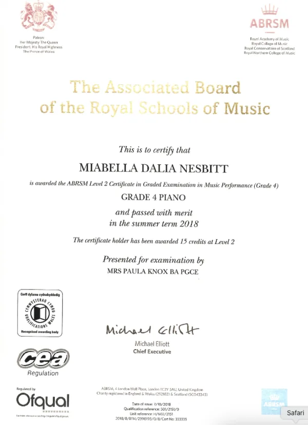 Grade 4 Piano Certificate