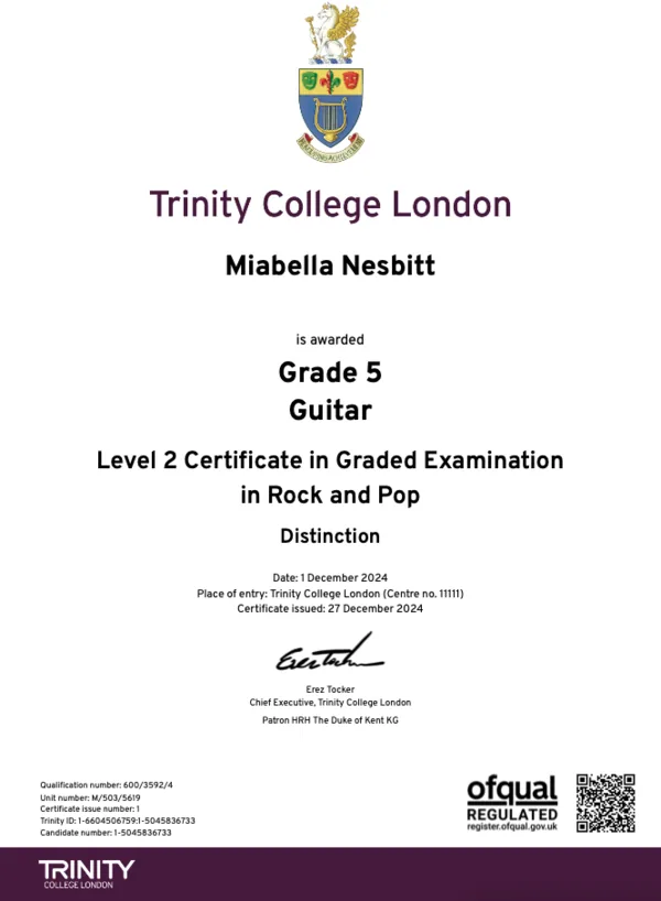 Grade 5 Guitar Distinction Certificate