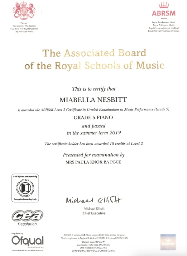 Grade 5 Piano Certificate