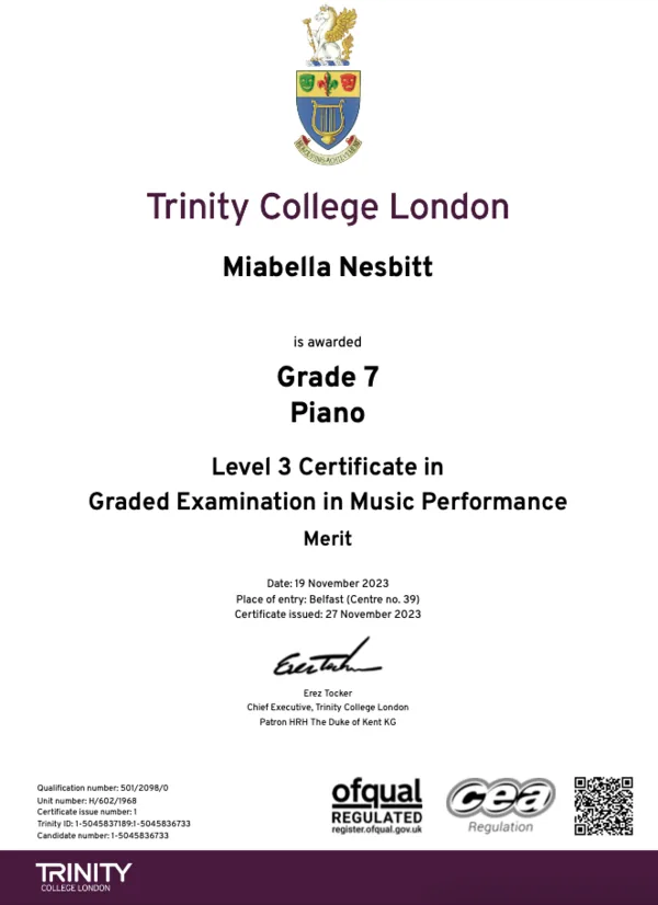 Grade 7 Piano Merit Certificate